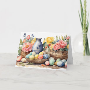 Watercolor Easter Illustration with Flowers, Eggs Holiday Card