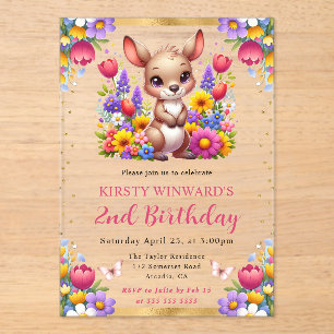 Watercolor Easter Kangaroo Spring Flowers Birthday Acrylic Invitations