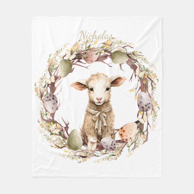 Watercolor Easter Lamb Personalised Fleece Blanket (Front)