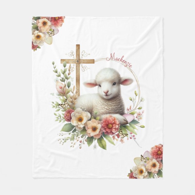 Watercolor Easter Lamb Personalised Fleece Blanket (Front)