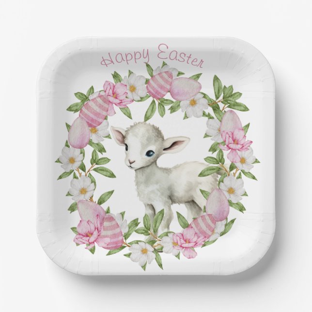 Watercolor Easter Lamb Personalised Paper Plate (Front)