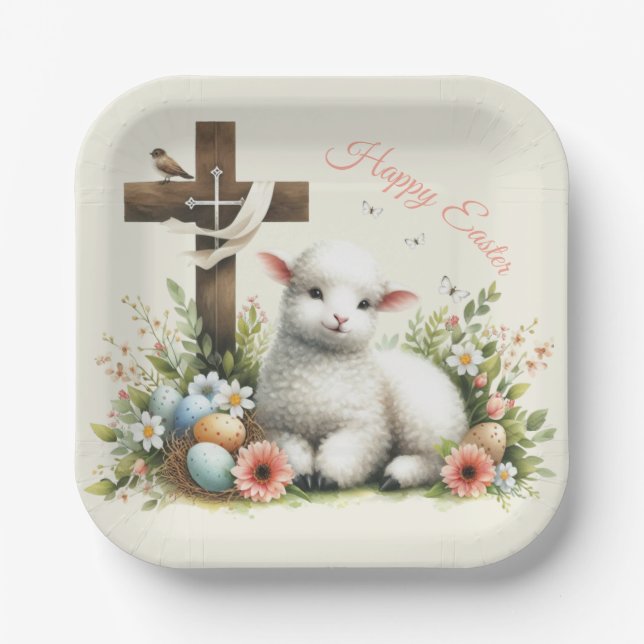Watercolor Easter Lamb Personalised Paper Plate (Front)
