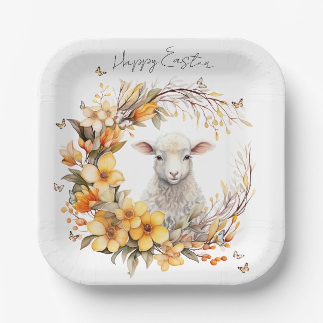 Watercolor Easter Lamb Personalised Paper Plate (Front)