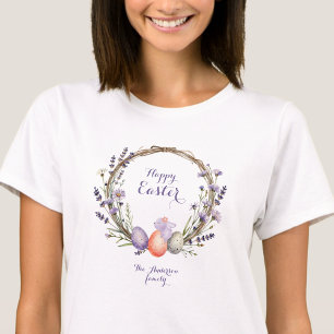 Watercolor Easter Lavender Wreath Eggs Bunny T-Shirt