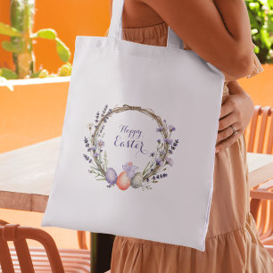 Watercolor Easter Lavender Wreath Eggs Cute Bunny Tote Bag