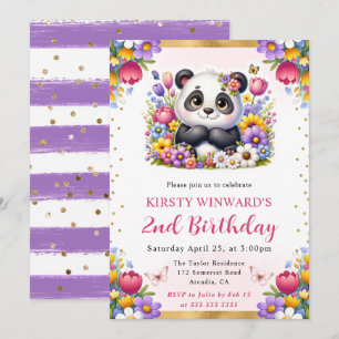 Watercolor Easter Panda Spring Flowers Birthday Invitation
