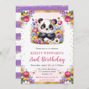 Watercolor Easter Panda Spring Flowers Birthday Invitation