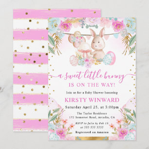 Watercolor Easter Rabbit and Flowers Baby Shower Invitation