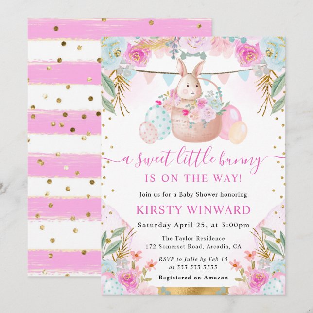 Watercolor Easter Rabbit and Flowers Baby Shower Invitation (Front/Back)
