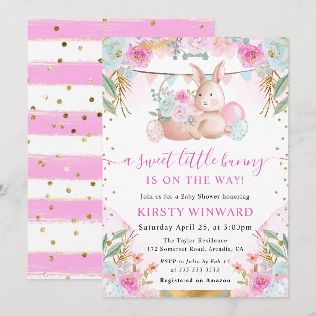 Watercolor Easter Rabbit and Flowers Baby Shower Invitation (Front/Back)