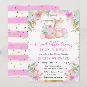 Watercolor Easter Rabbit and Flowers Baby Shower Invitation