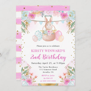 Watercolor Easter Rabbit and Flowers Birthday Invitation