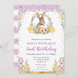 Watercolor Easter Rabbit and Flowers Birthday Invitation