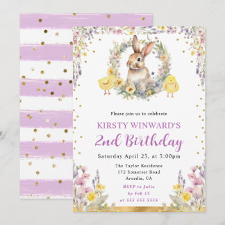 Watercolor Easter Rabbit and Flowers Birthday Invitation