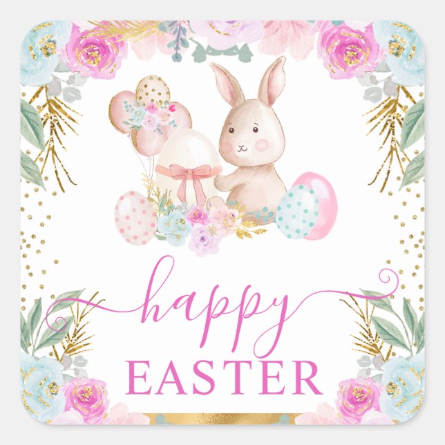 Watercolor Easter Rabbit and Flowers  Square Sticker (Front)