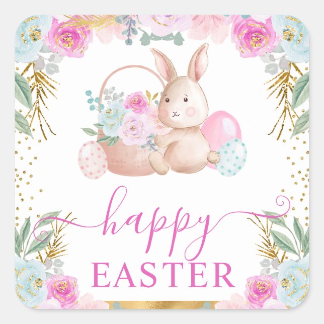 Watercolor Easter Rabbit and Flowers  Square Sticker (Front)