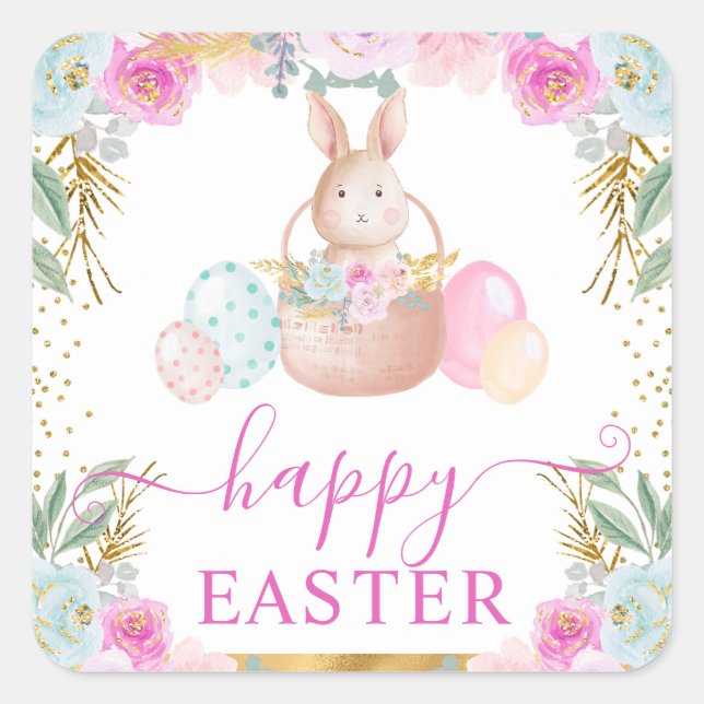Watercolor Easter Rabbit and Flowers  Square Sticker (Front)