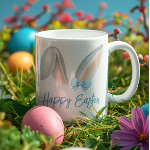 Watercolor Easter Rabbit Ears with Blue Bow Spring Large Coffee Mug