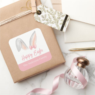 Watercolor Easter Rabbit Ears with Pink Bow Spring Square Sticker