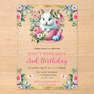 Watercolor Easter Rabbit Spring Flowers Birthday Acrylic Invitations