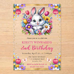 Watercolor Easter Rabbit Spring Flowers Birthday Acrylic Invitations