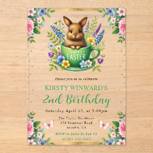 Watercolor Easter Rabbit Spring Flowers Birthday Acrylic Invitations
