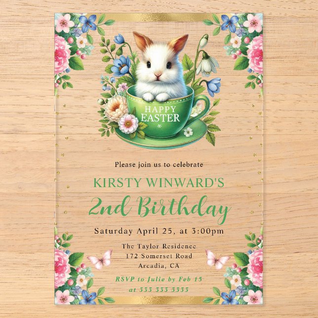 Watercolor Easter Rabbit Spring Flowers Birthday Acrylic Invitations (Front)