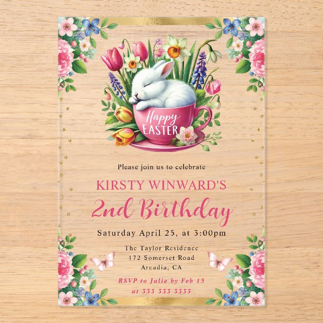 Watercolor Easter Rabbit Spring Flowers Birthday Acrylic Invitations (Front)