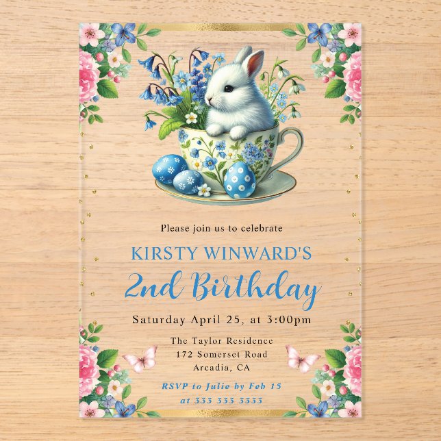 Watercolor Easter Rabbit Spring Flowers Birthday Acrylic Invitations (Front)