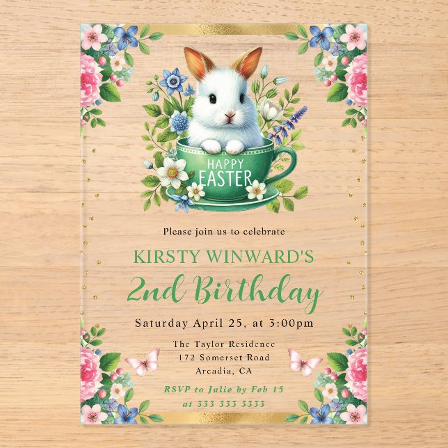 Watercolor Easter Rabbit Spring Flowers Birthday Acrylic Invitations (Front)
