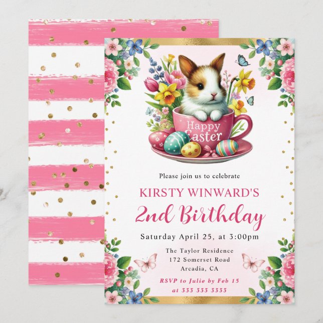 Watercolor Easter Rabbit Spring Flowers Birthday Invitation (Front/Back)