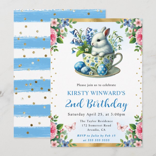 Watercolor Easter Rabbit Spring Flowers Birthday Invitation (Front/Back)