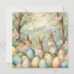 Watercolor Easter Rabbits and Easter Eggs  Holiday Card