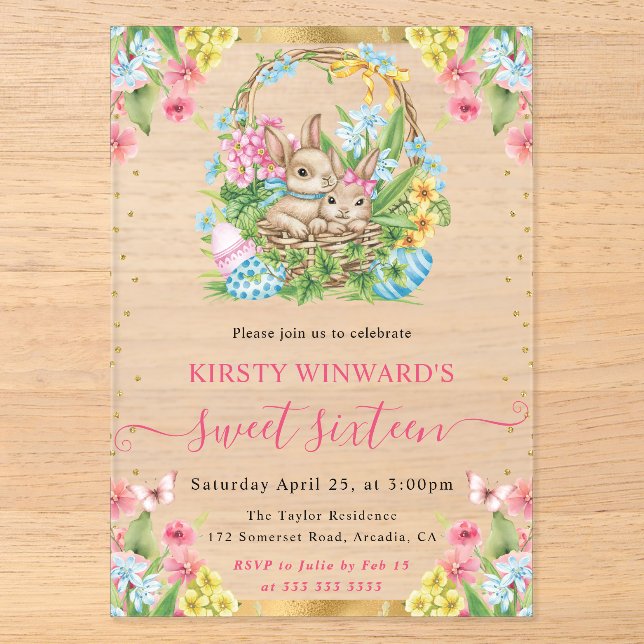 Watercolor Easter Rabbits Spring Sweet 16 Acrylic Invitations (Front)