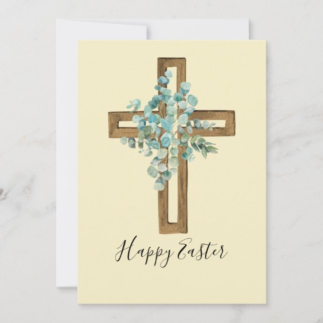 Watercolor Easter Rustic Cross and Eucalyptus   Holiday Card (Front)