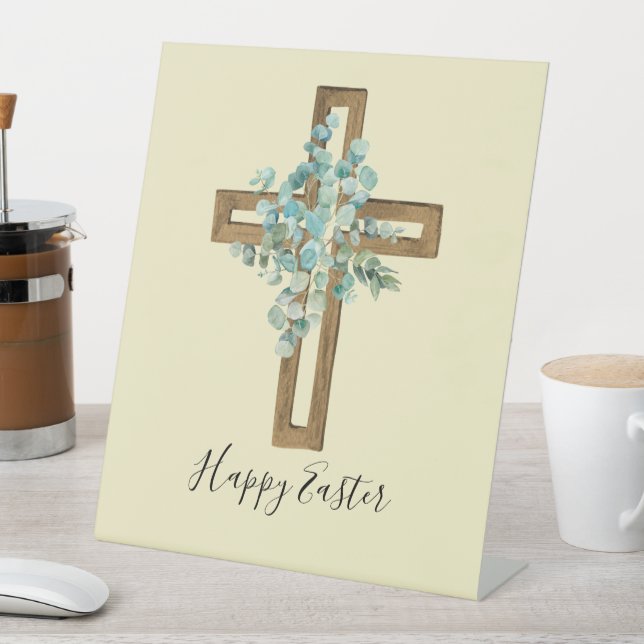 Watercolor Easter Rustic Cross and Eucalyptus  Pedestal Sign (In SItu)