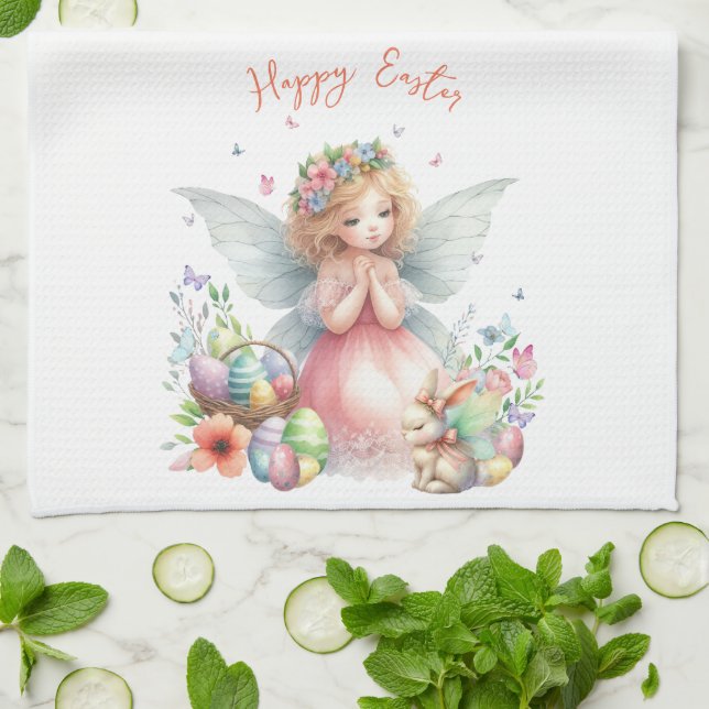 Watercolor Easter Spring Fairy Tea Towel (Folded)