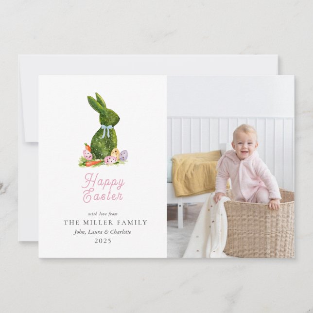Watercolor Easter Topiary bunny photo Holiday Card (Front)