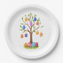 Watercolor Easter Tree with Hanging Decorated Eggs