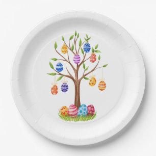 Watercolor Easter Tree with Hanging Decorated Eggs Paper Plate