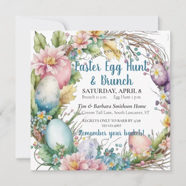 Watercolor Easter Wreath Invite Brunch, Egg Hunt (Front)