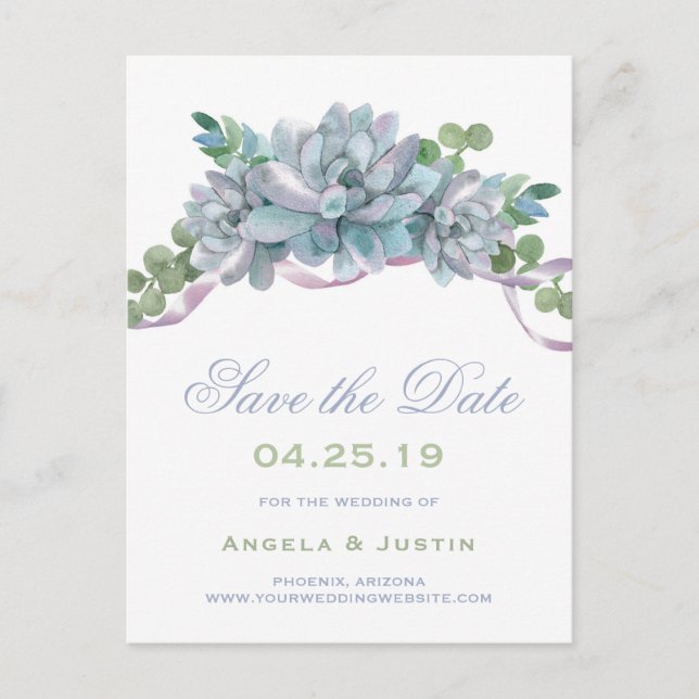 Watercolor Echeveria Purple Ribbon Save the Date Announcement Postcard (Front)