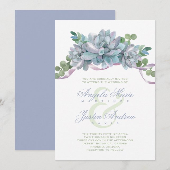 Watercolor Echeveria with Purple Ribbon Invitation (Front/Back)