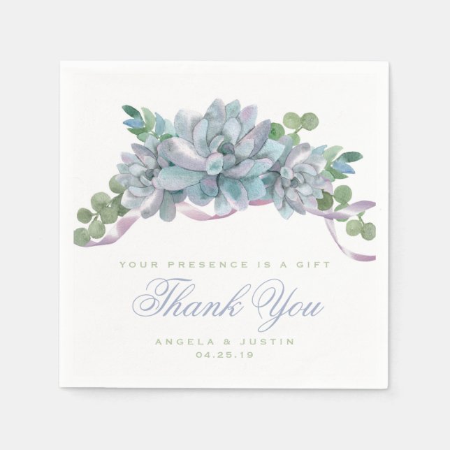 Watercolor Echeveria with Purple Ribbon Napkin (Front)