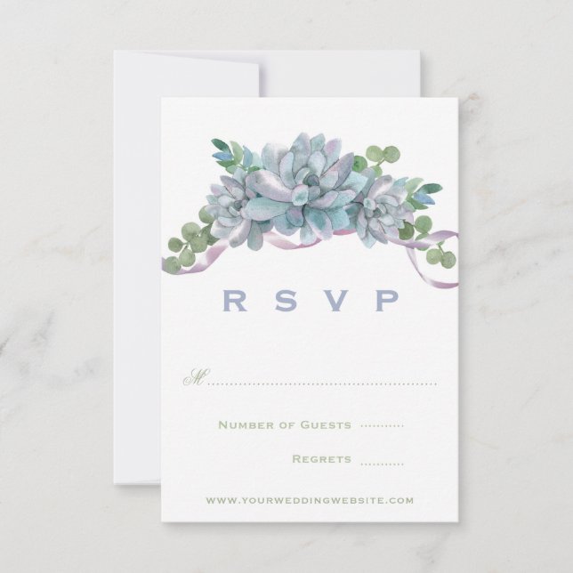 Watercolor Echeveria with Purple Ribbon RSVP Card (Front)