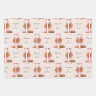 Watercolor Echinacea & Bumblebee 1st Birthday Wrapping Paper Sheet