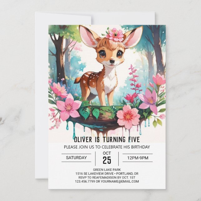Watercolor Editable Deer Girl Birthday Invitation (Front)