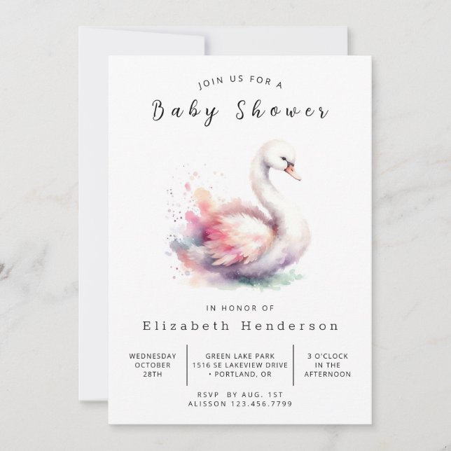 Watercolor Editable Swan Baby Shower Invitation (Front)