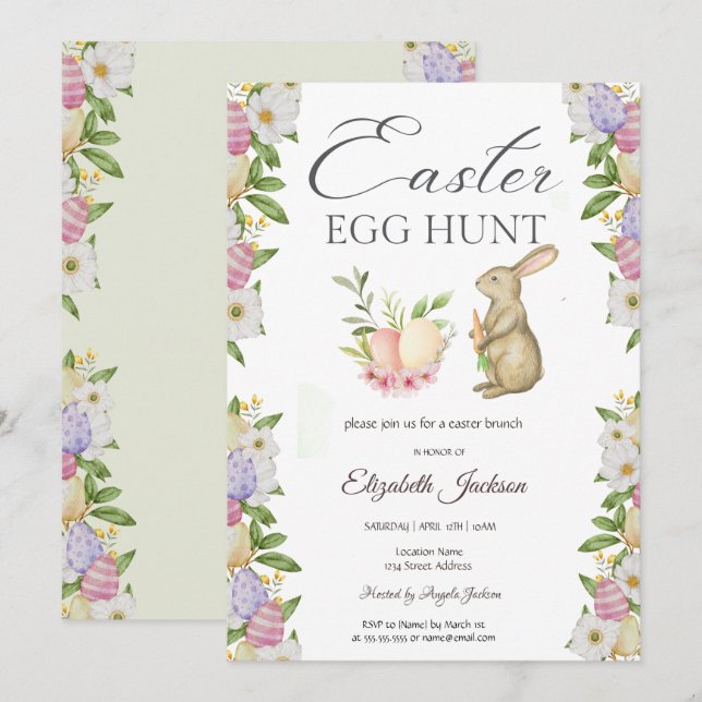 Watercolor Eegs Bunny Flowers Brunch & Bubbly Invitation (Front/Back)