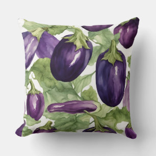 Watercolor Eggplant Garden Botanical Pattern Cushion